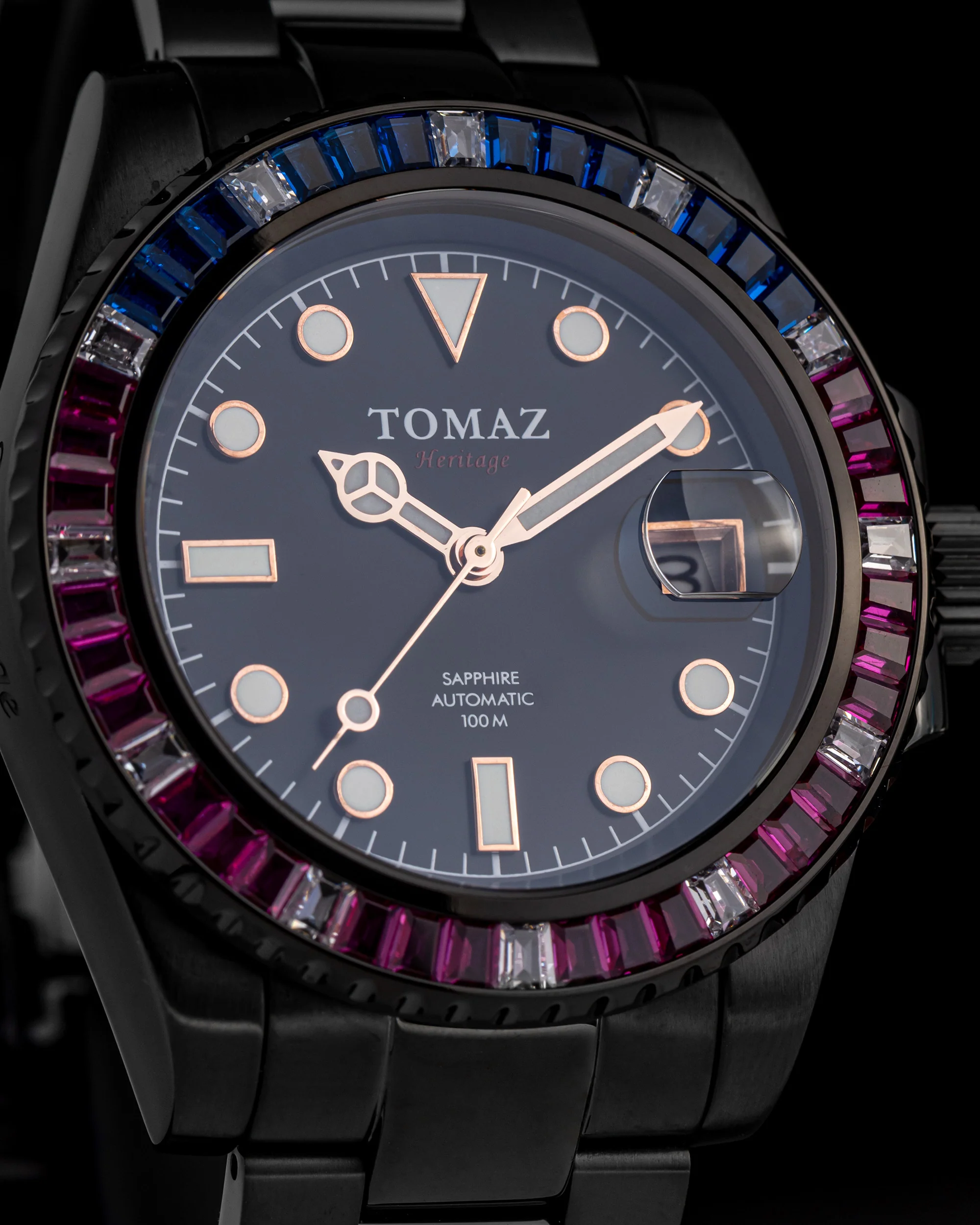 Tomaz Men's Watch GR01BS-D9 (Black) with Purple Navy White Swarovski (Black Stainless Steel) - Image 3
