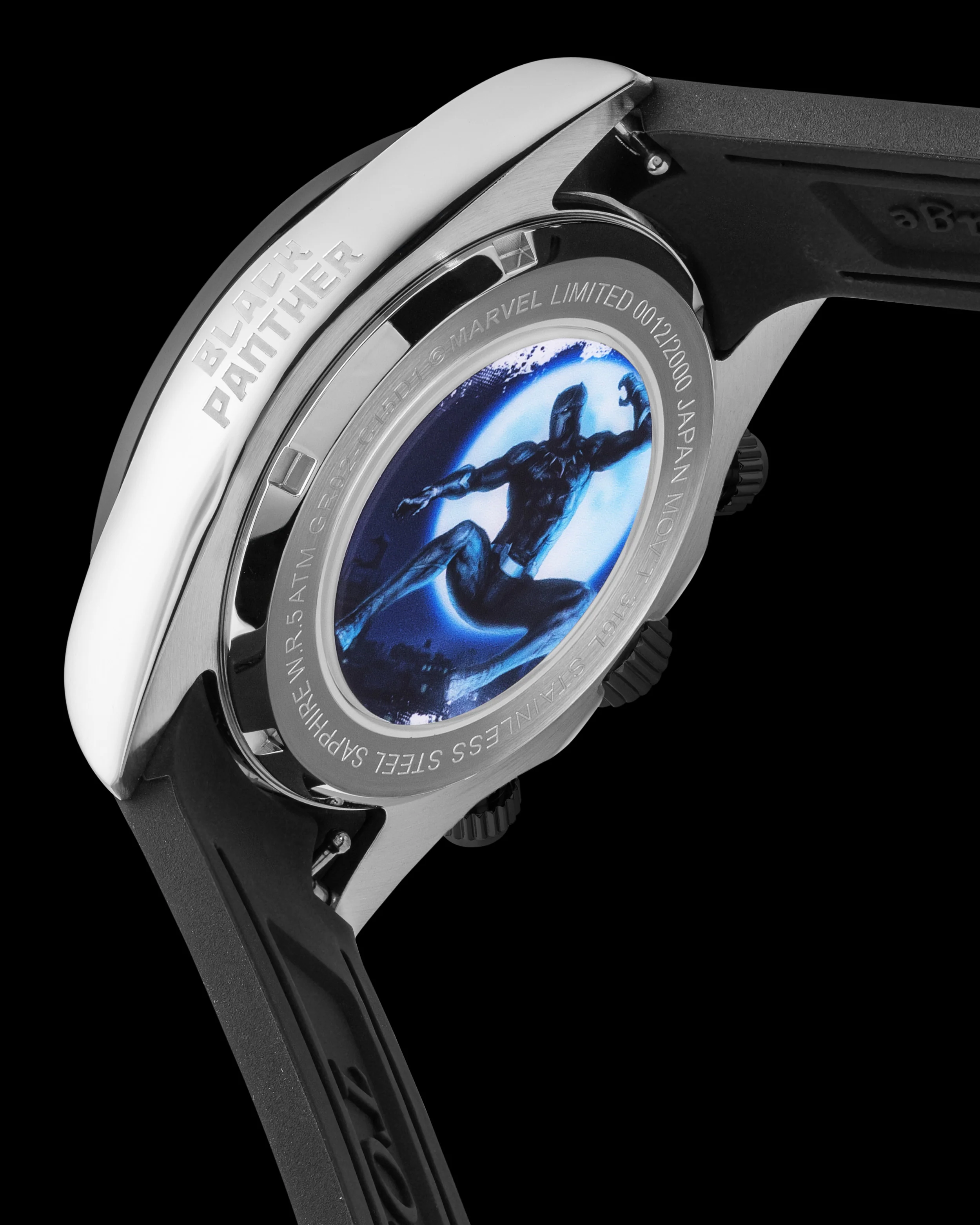 Marvel Black Panther GR02-C15D1 (Silver/Black) with Purple Rubber Leather Strap - Image 2