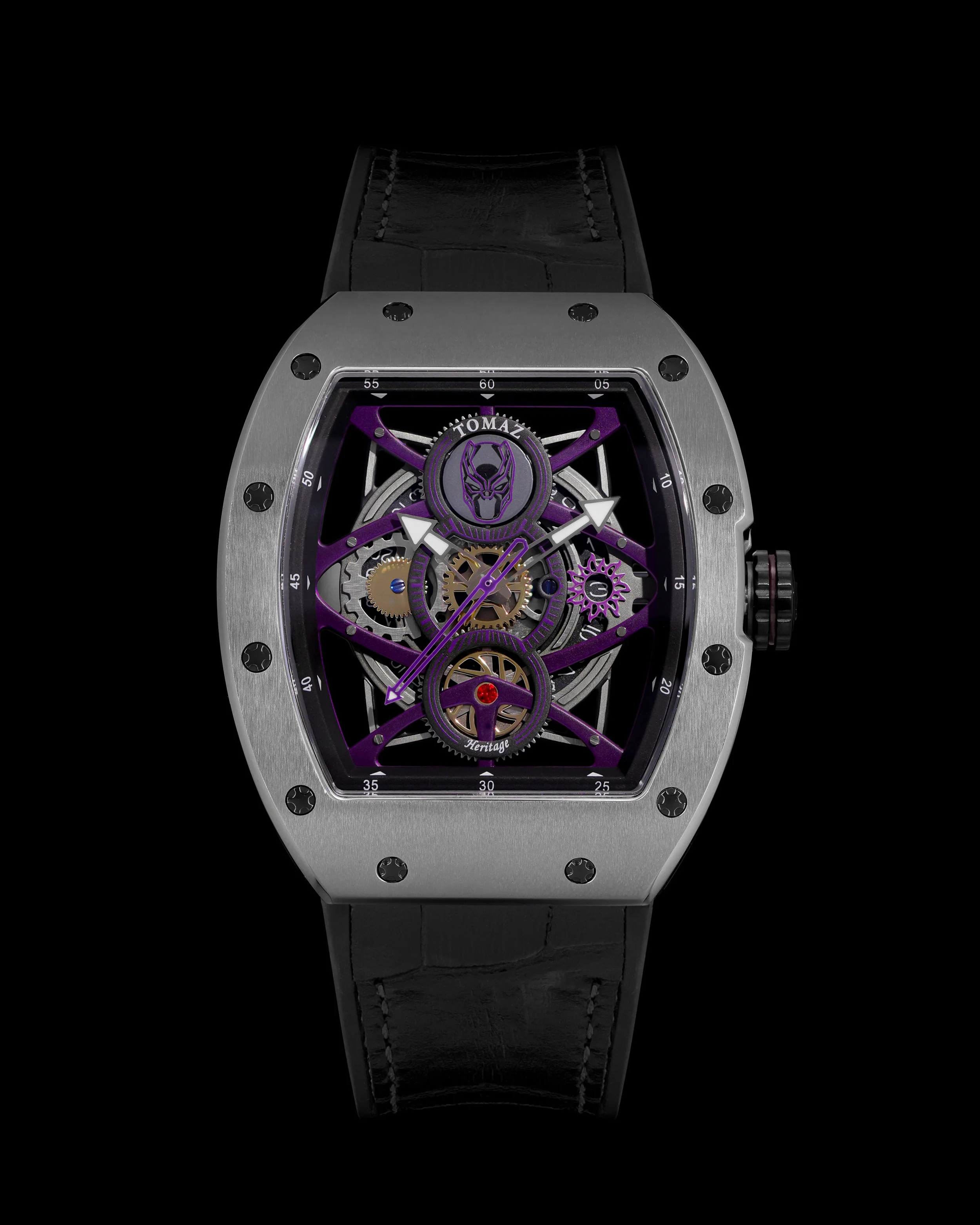 Marvel Black Panther TQ039-BD2 (Silver/Black) with Black Bamboo Silicone and Leather Strap