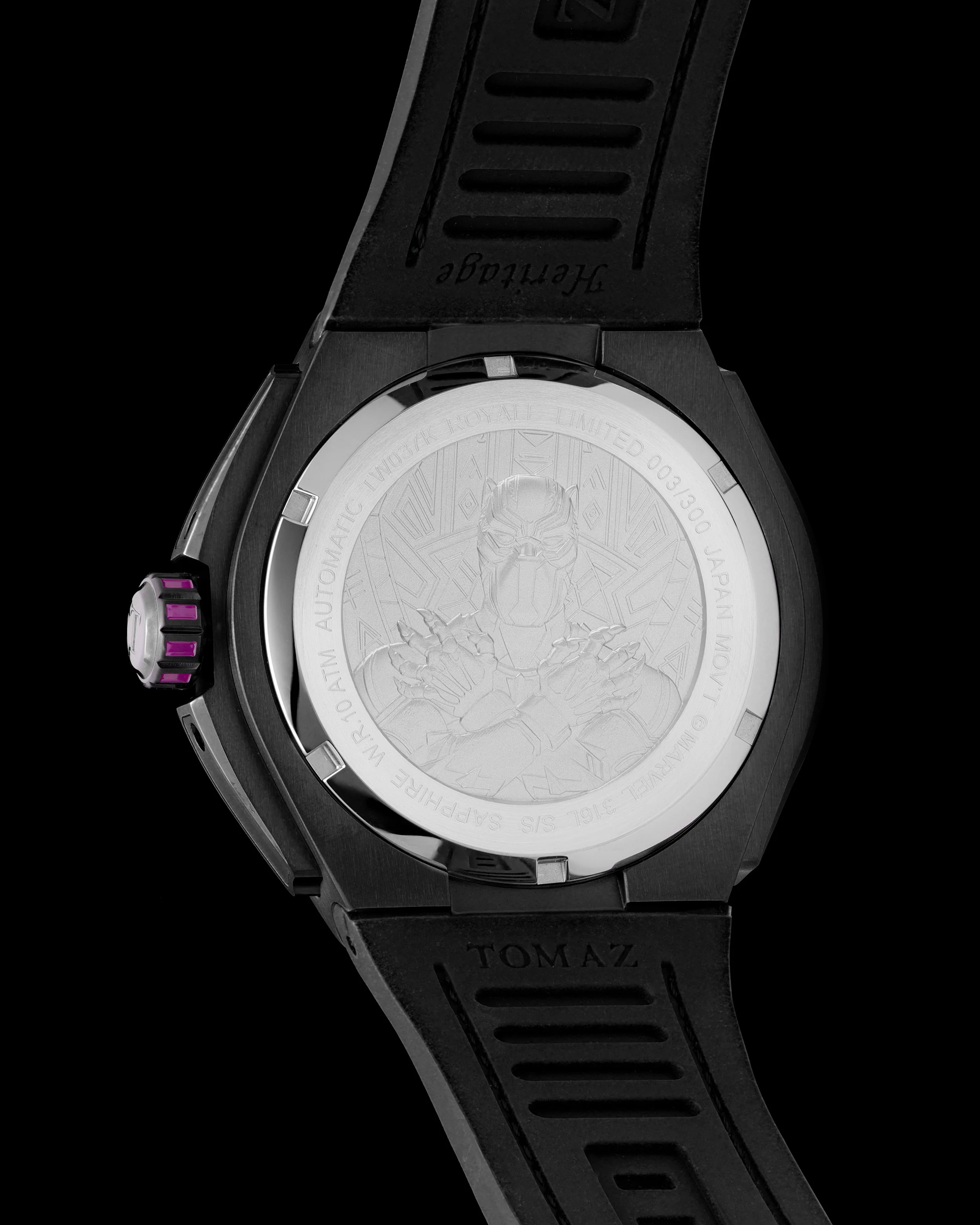 Marvel Black Panther TW037K-D1 (Black/Purple) with Purple Crystal (Purple Silicone with Leather Bamboo Strap) - Image 3