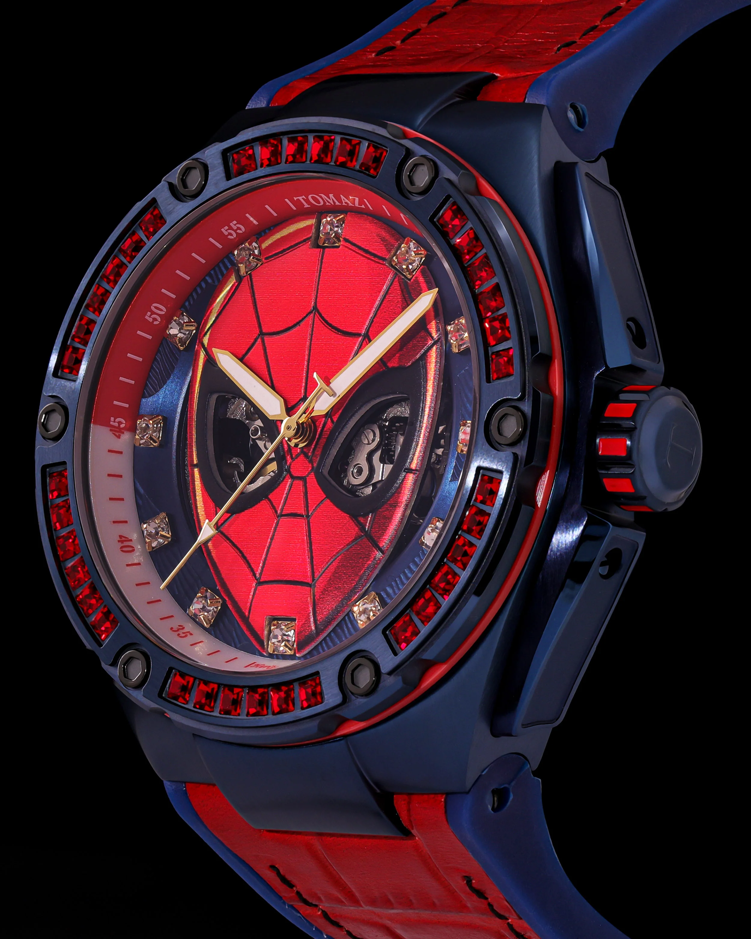 Marvel Spider-Man TW037M-D3 (Navy/Red) with Red Swarovski Crystal (Red Silicone with Leather Bamboo Strap) - Image 2