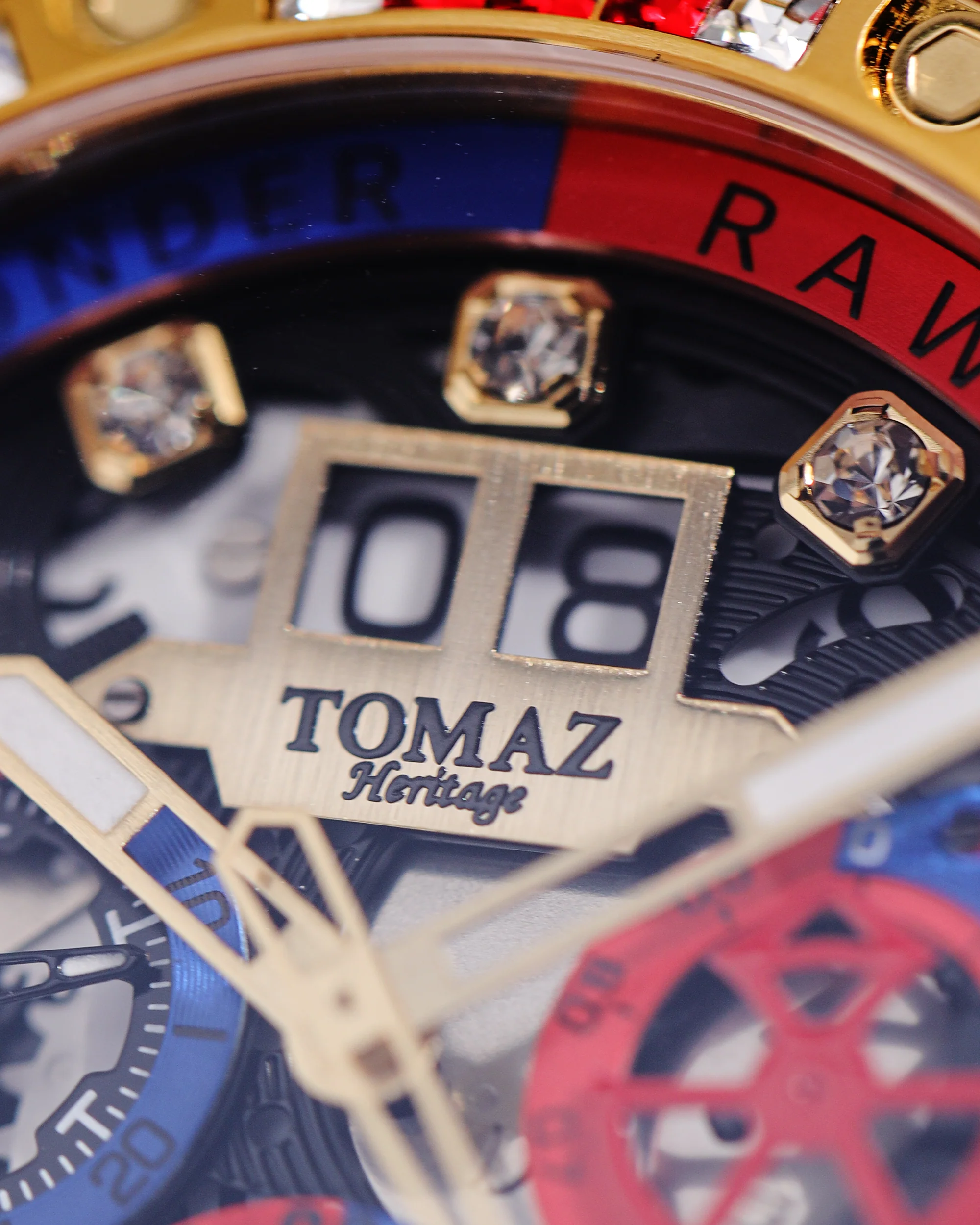 RAWR III TW024I-D10 (Gold) with Blue Red Yellow Swarovski (Red Salmon Leather Strap) - Image 4