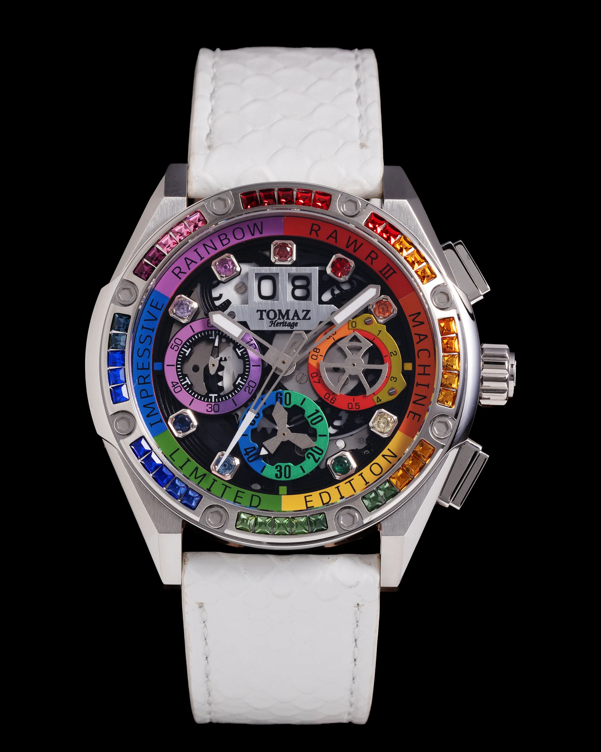 RAWR III TW024I-D3 (Silver) with Rainbow Crystal (White Salmon Leather Strap)