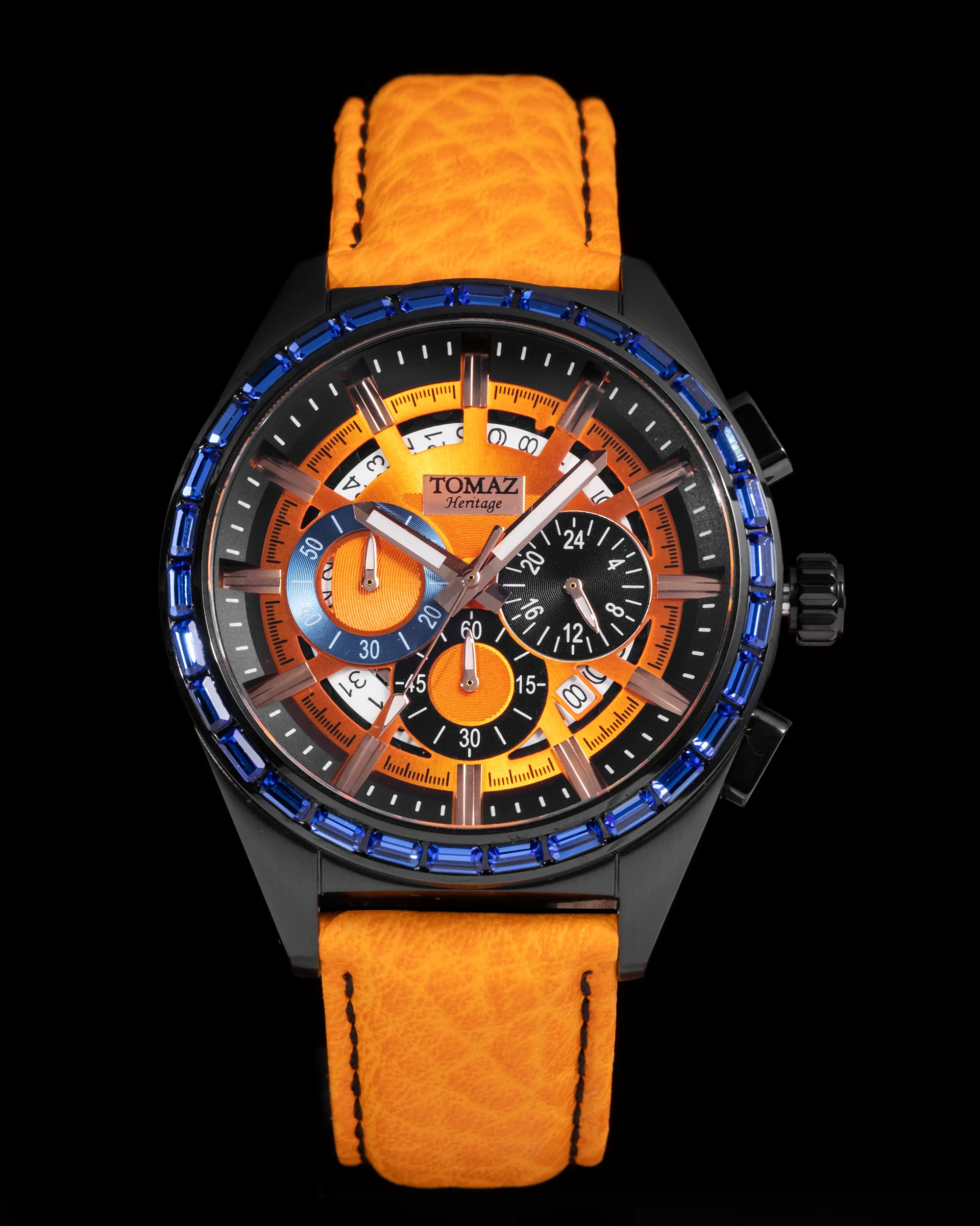 Romeo TW025A-D2 (Black/Orange) with Blue Swarovski (Orange Leather Strap)
