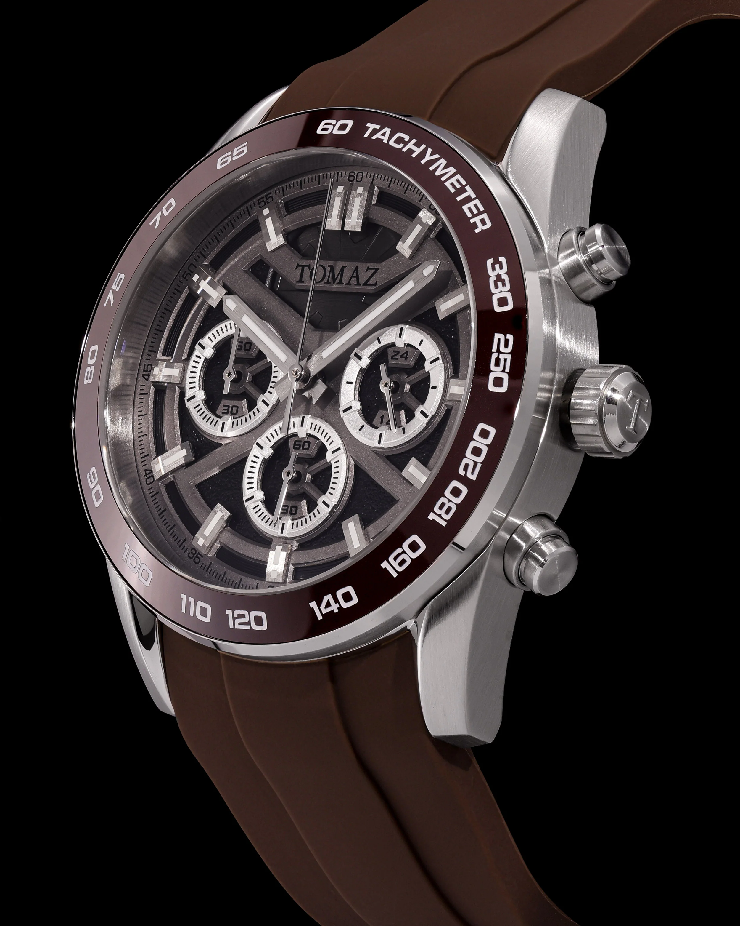 Tomaz Men's Driver Watch TQ031-D14 (Silver/Brown) with Brown Silicone Strap - Image 2